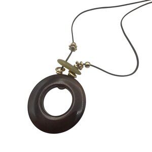 Acrylic Pendant Necklace Circle 34-Inch Cord Adjustable Brown & Gold Pre-Owned